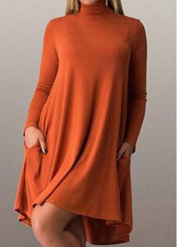 High Neck Orange Long Sleeve Mini Dress