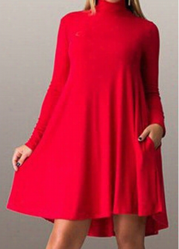 Solid Red  Long Sleeve High Neck Dress