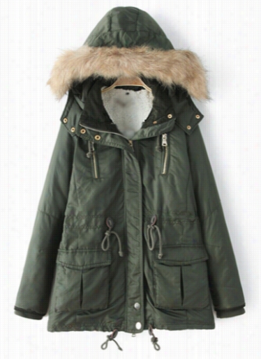 Zipper Desig Army Green Hooded Coat