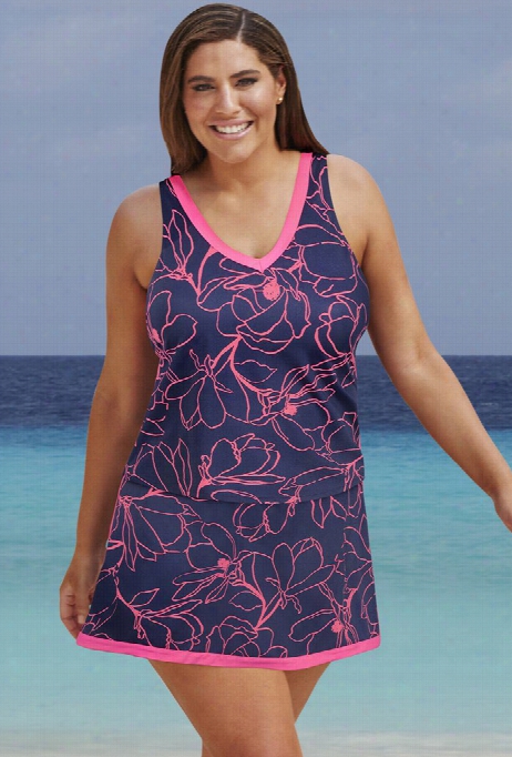 Swim 365 Navy /coral Flowe Skirtini Swim Set